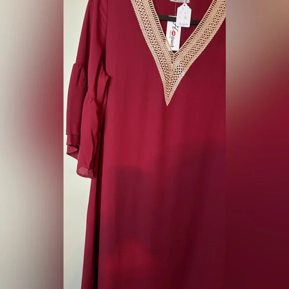 Small Wine colored Dress with Embroidered V-neck line - Picture 5 of 7